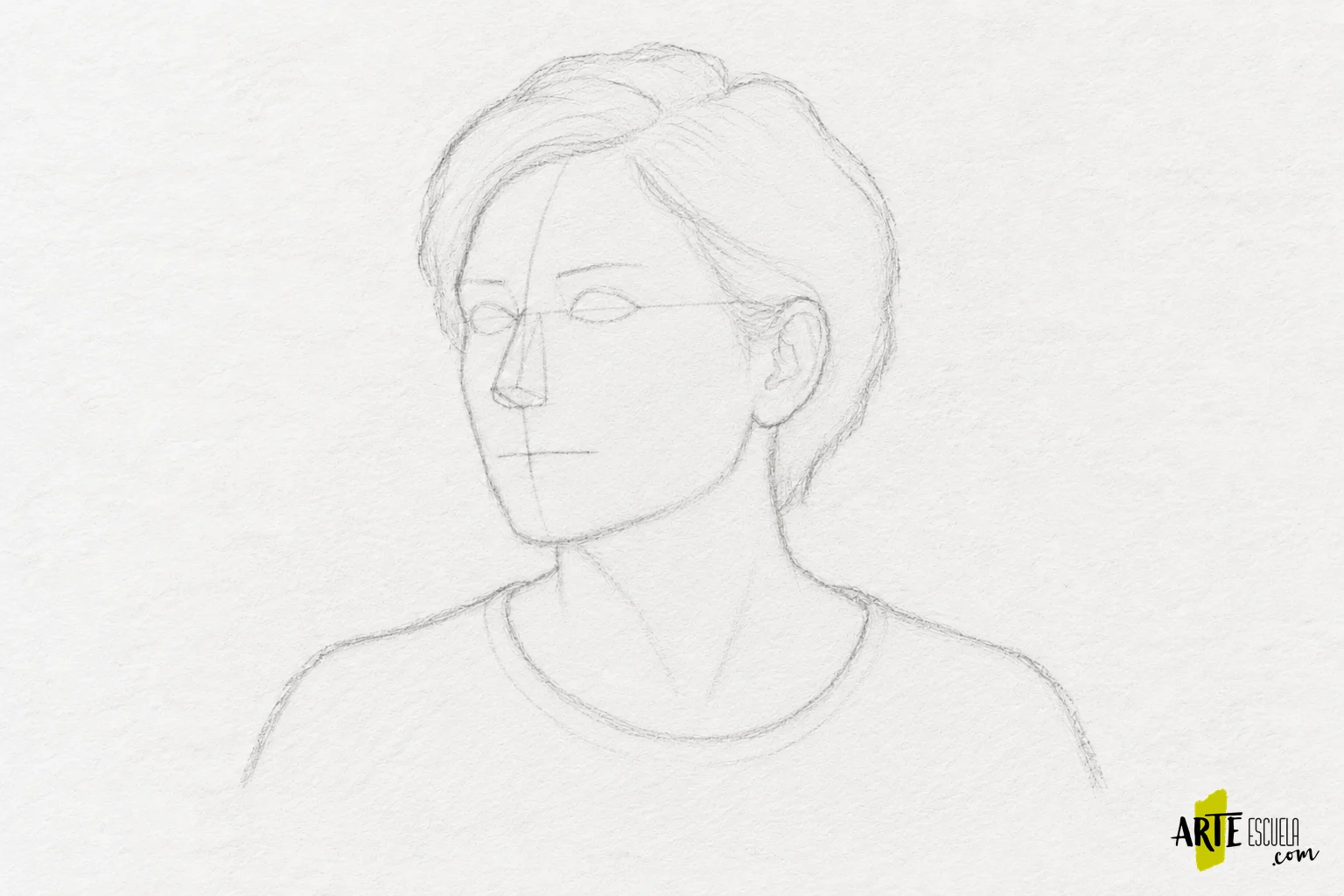 Retrato a carboncillo: construye un busto con masas de luz y sombra Encaje ligero de un busto a carboncillo, con cabeza en tres cuartos, ejes del rostro, cuello y hombros.