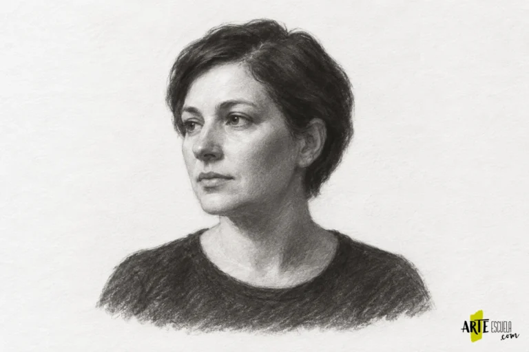 Retrato terminado a carboncillo de una mujer de pelo corto en tres cuartos, con mirada hacia la izquierda y luz sobre la frente y la mejilla.