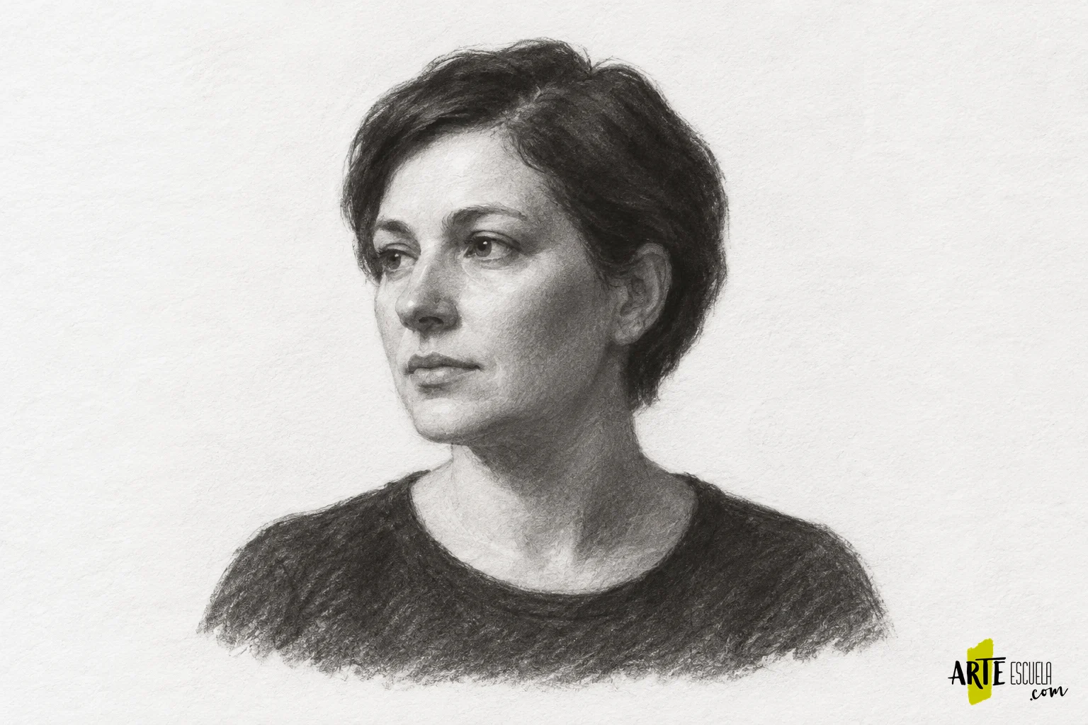 Retrato a carboncillo: construye un busto con masas de luz y sombra Retrato terminado a carboncillo de una mujer de pelo corto en tres cuartos, con mirada hacia la izquierda y luz sobre la frente y la mejilla.