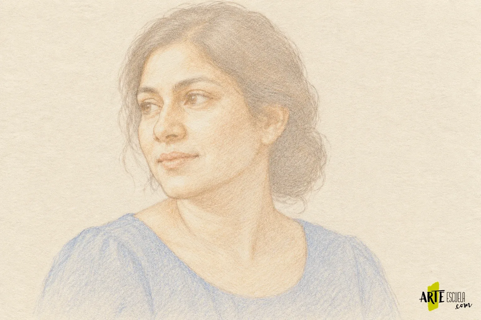 Retrato con lápices de colores: construye la piel con capas, sin contornos duros Retrato de tres cuartos con primera capa cálida de lápiz de color y luces de la piel reservadas