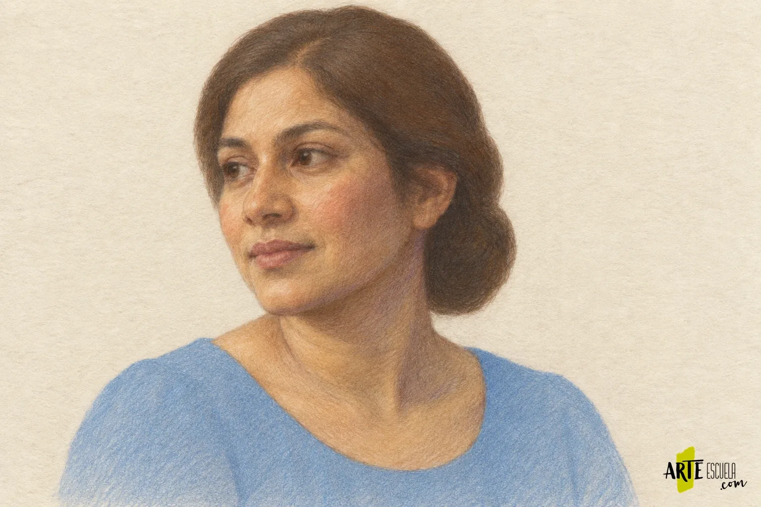 Retrato con lápices de colores: construye la piel con capas, sin contornos duros Rostro con lápices de colores donde mejilla, sien y cuello se diferencian con capas cálidas y frías