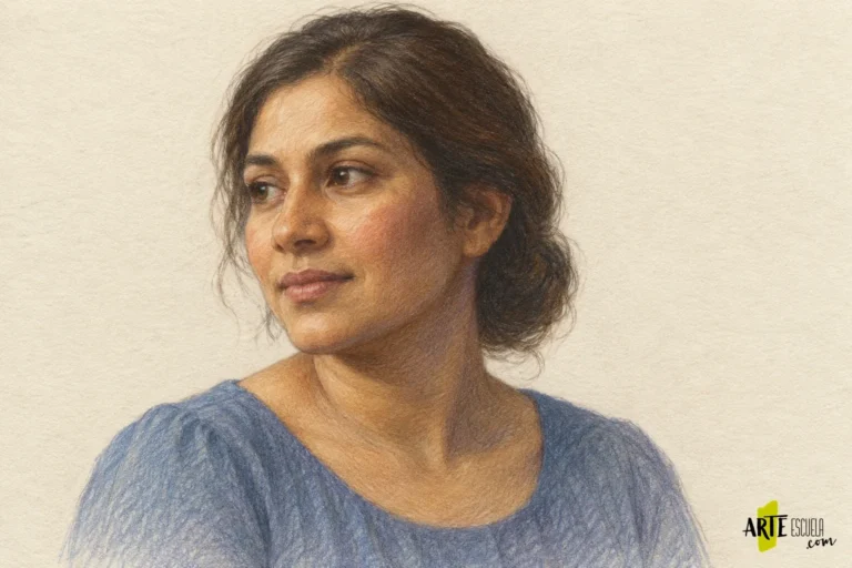 Retrato terminado con lápices de colores, transiciones de piel suaves y cabello resuelto en masas