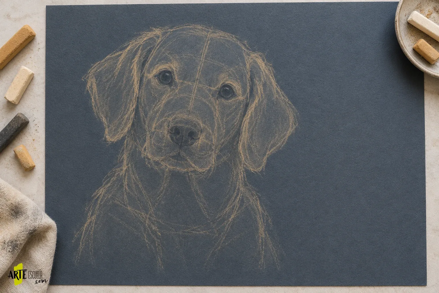 Cómo hacer un retrato de perro a pastel seco: pelo claro sobre fondo oscuro Encaje de un perro de orejas caídas con ojos y hocico situados en pastel sobre papel oscuro