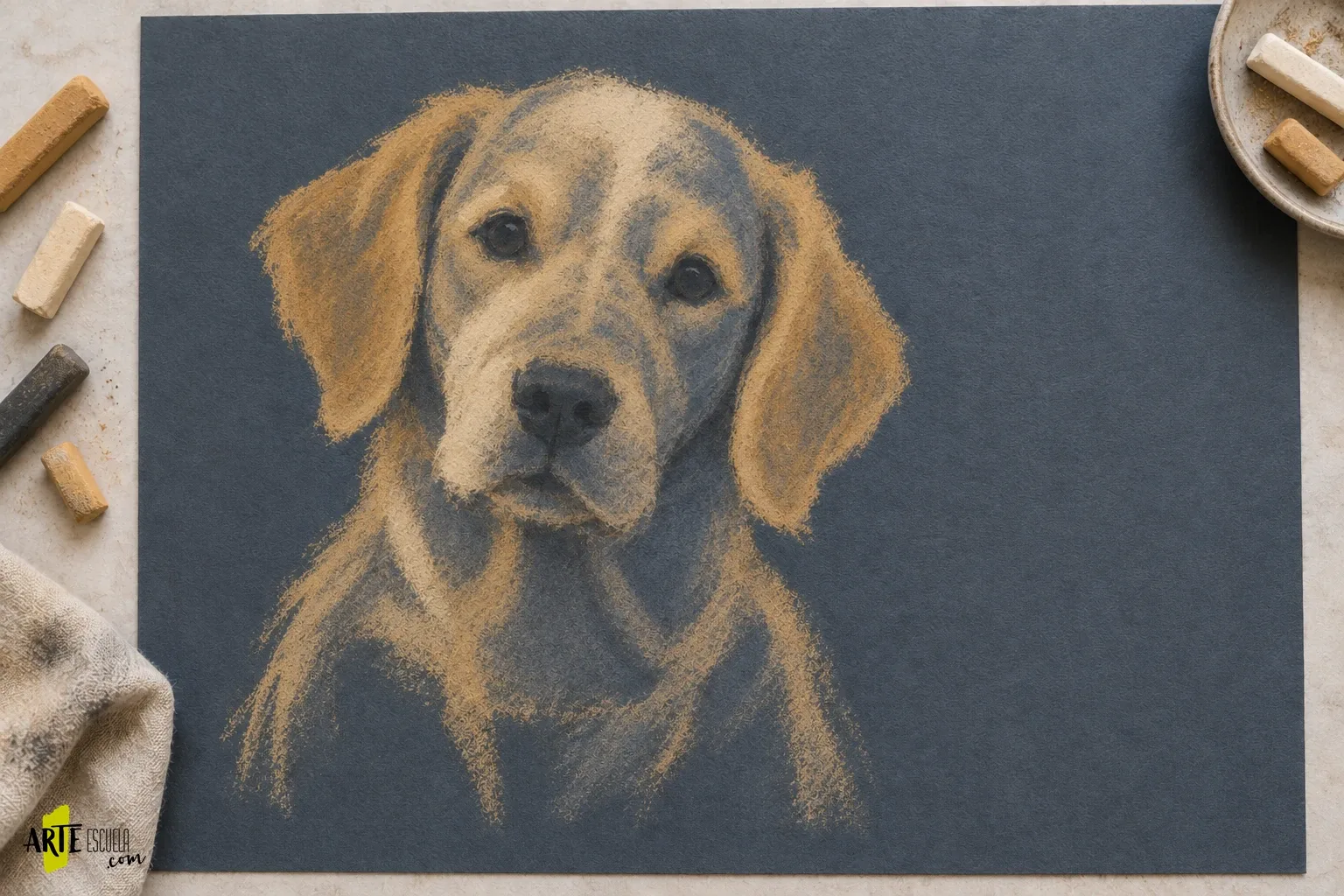 Cómo hacer un retrato de perro a pastel seco: pelo claro sobre fondo oscuro El mismo perro con masas crema, ocres y gris azulado que separan luz y sombra del pelaje