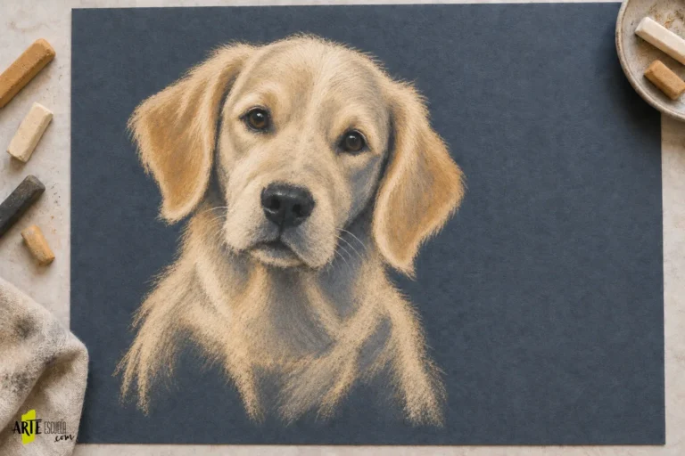 Cómo hacer un retrato de perro a pastel seco: pelo claro sobre fondo oscuro Retrato del perro a pastel seco con grupos de pelo claros, ojos definidos y pocos bigotes finos