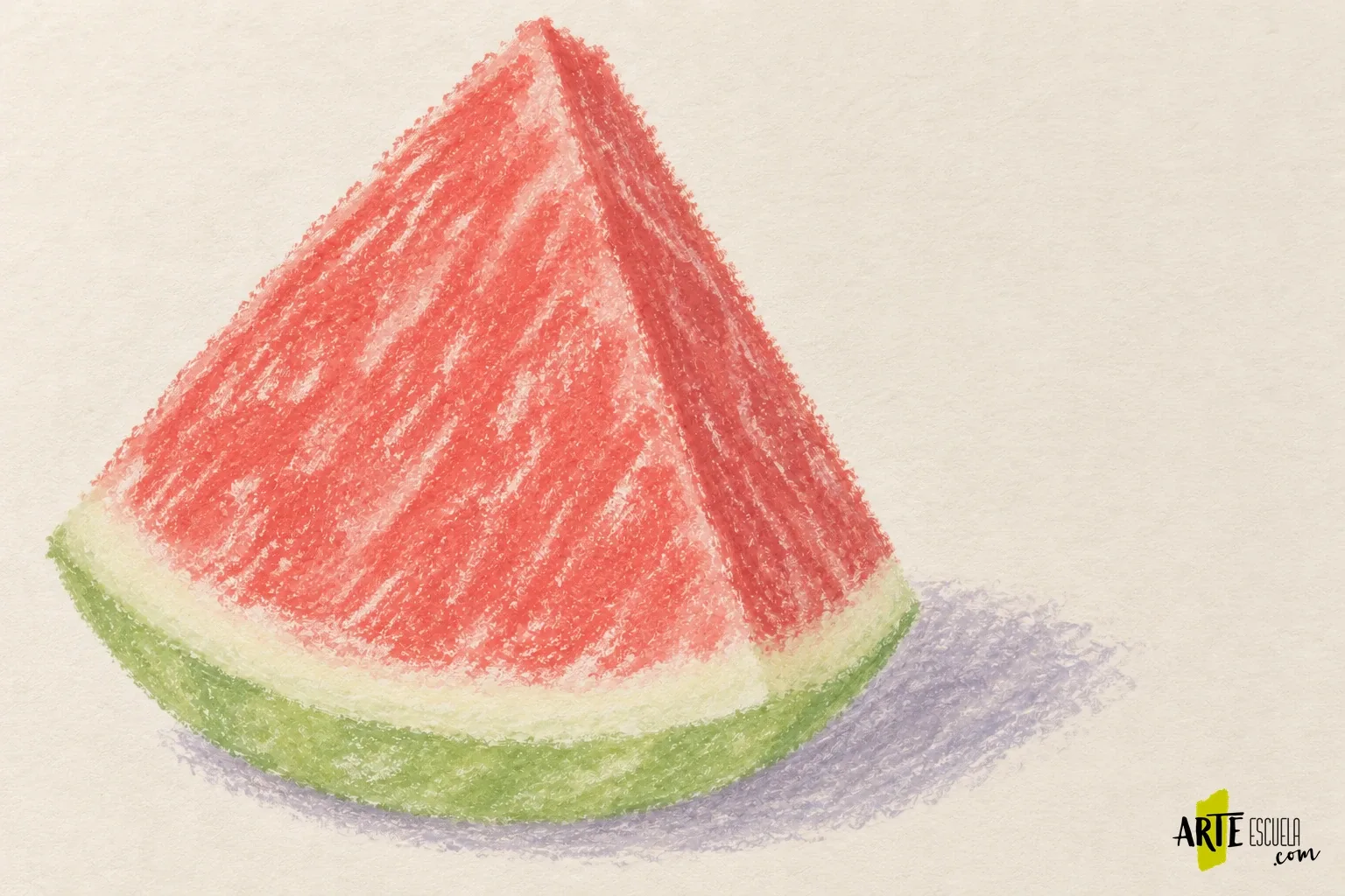 Cómo pintar una rodaja de sandía con pastel al óleo: semillas, pulpa y brillo Primera capa de una rodaja de sandía con pastel al óleo, cara frontal clara y lateral más oscuro