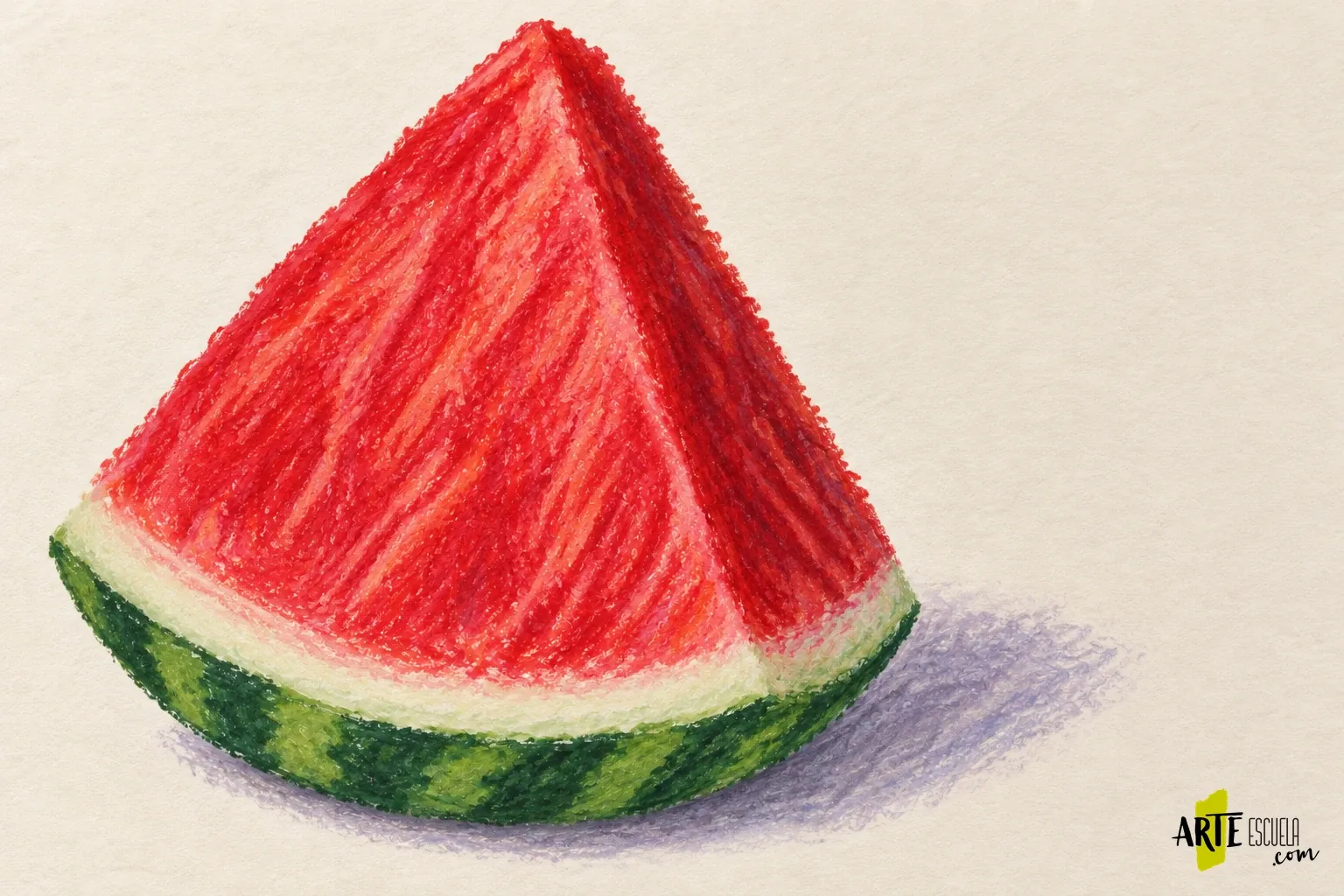 Cómo pintar una rodaja de sandía con pastel al óleo: semillas, pulpa y brillo Sandía a pastel con trazos rojos y coral visibles, lateral carmín y piel verde modelada, todavía sin semillas