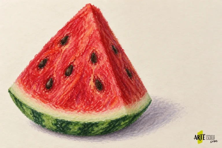 Rodaja de sandía terminada con pastel al óleo, semillas integradas y trazos claros sobre la pulpa roja
