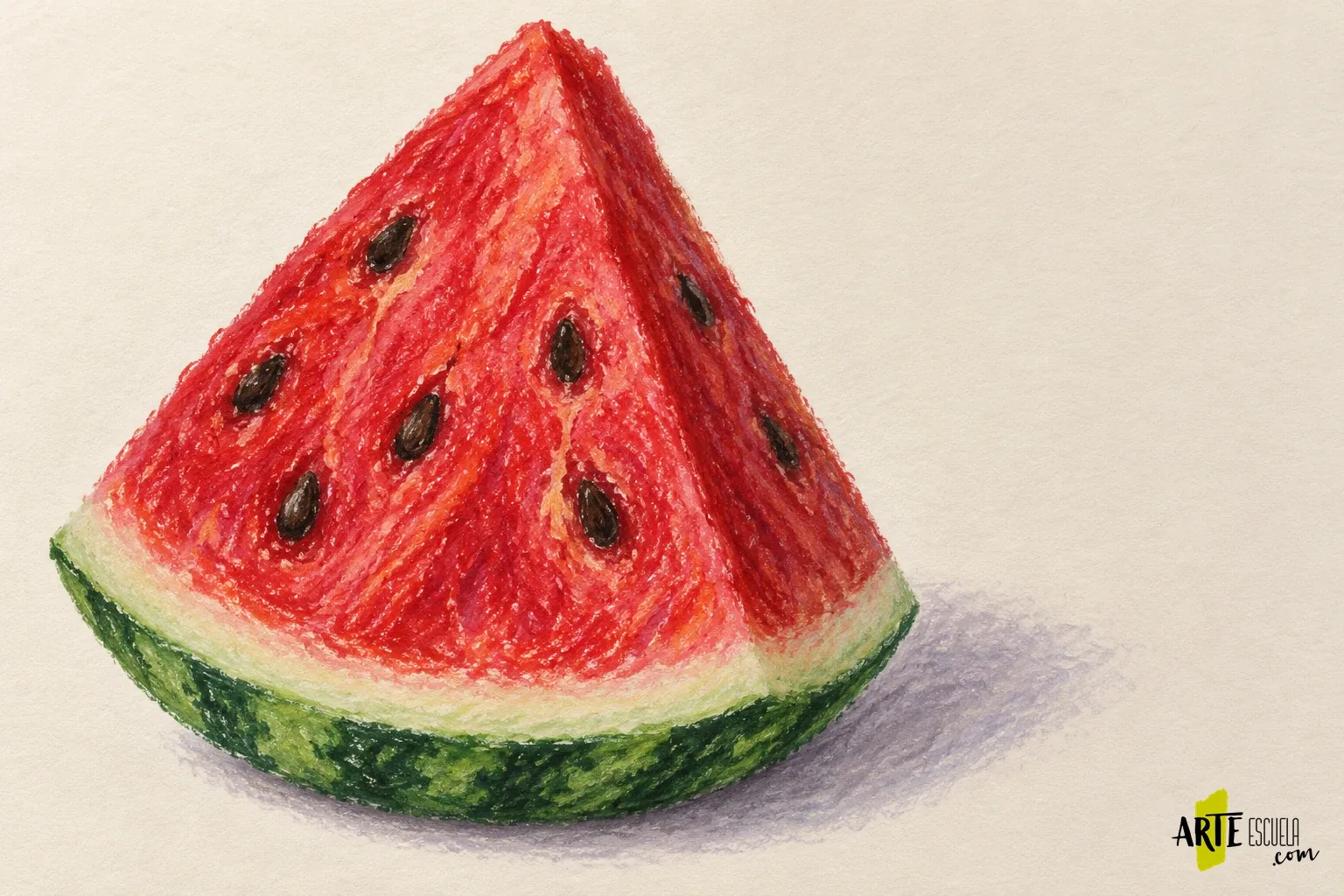 Cómo pintar una rodaja de sandía con pastel al óleo: semillas, pulpa y brillo Rodaja de sandía terminada con pastel al óleo, semillas integradas y trazos claros sobre la pulpa roja