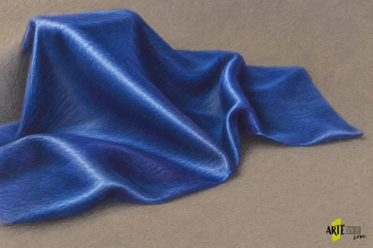 Satén azul terminado al pastel con bandas claras de brillo que siguen tres pliegues y cambian de anchura