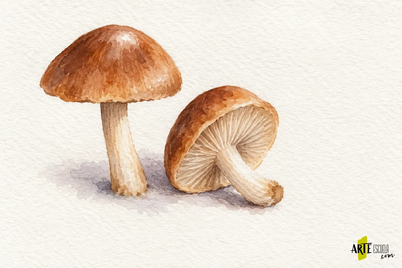 Acuarela terminada de dos setas con sombreros cálidos, láminas suaves y sombras de apoyo