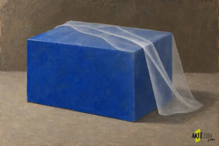 Tela transparente terminada al óleo sobre una caja azul, con dos crestas claras selectivas y una zona doblada más cubriente