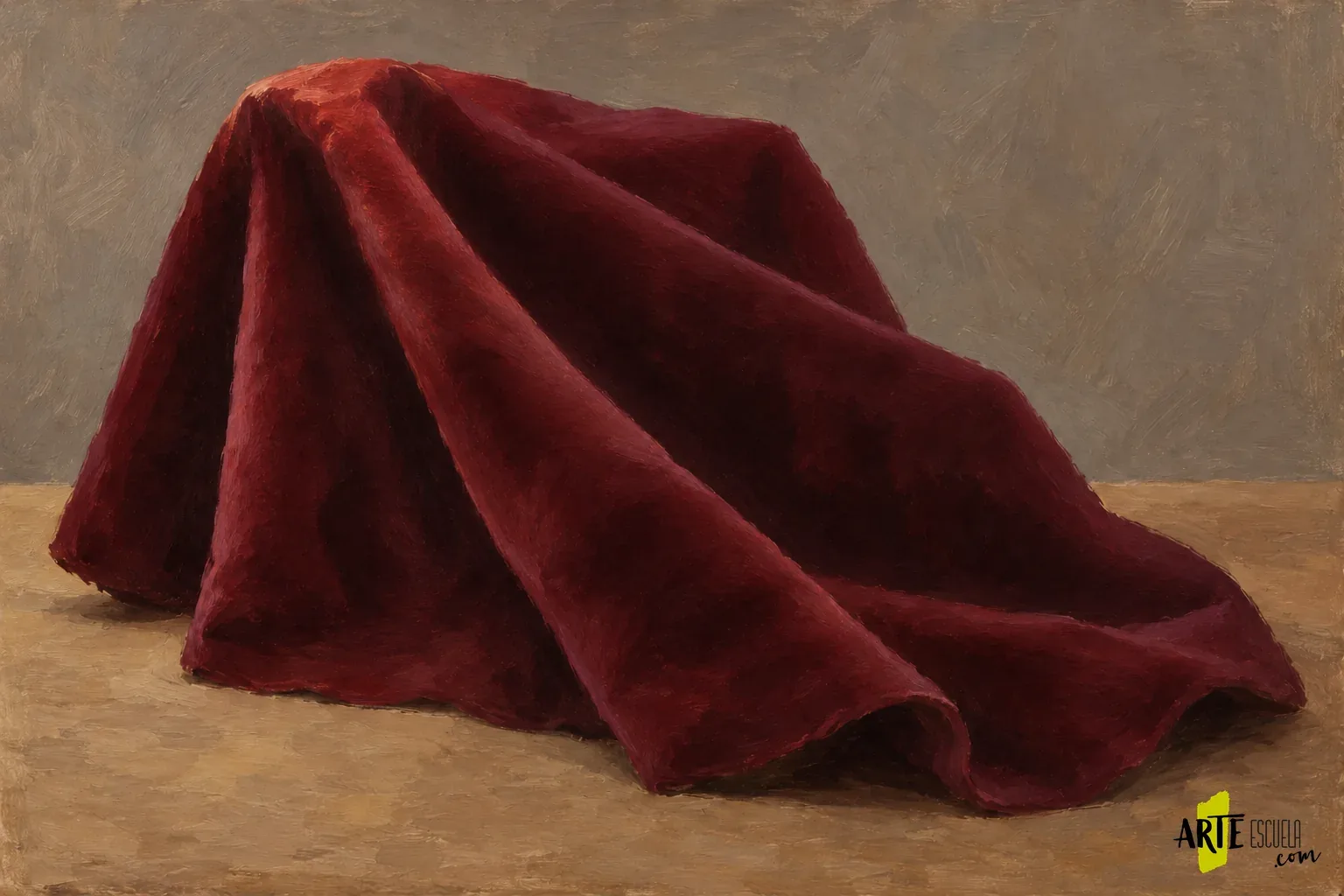 Cómo pintar terciopelo al óleo: oscuridad profunda sin perder los pliegues Terciopelo al óleo con crestas rojo violáceas y sombras profundas diferenciadas