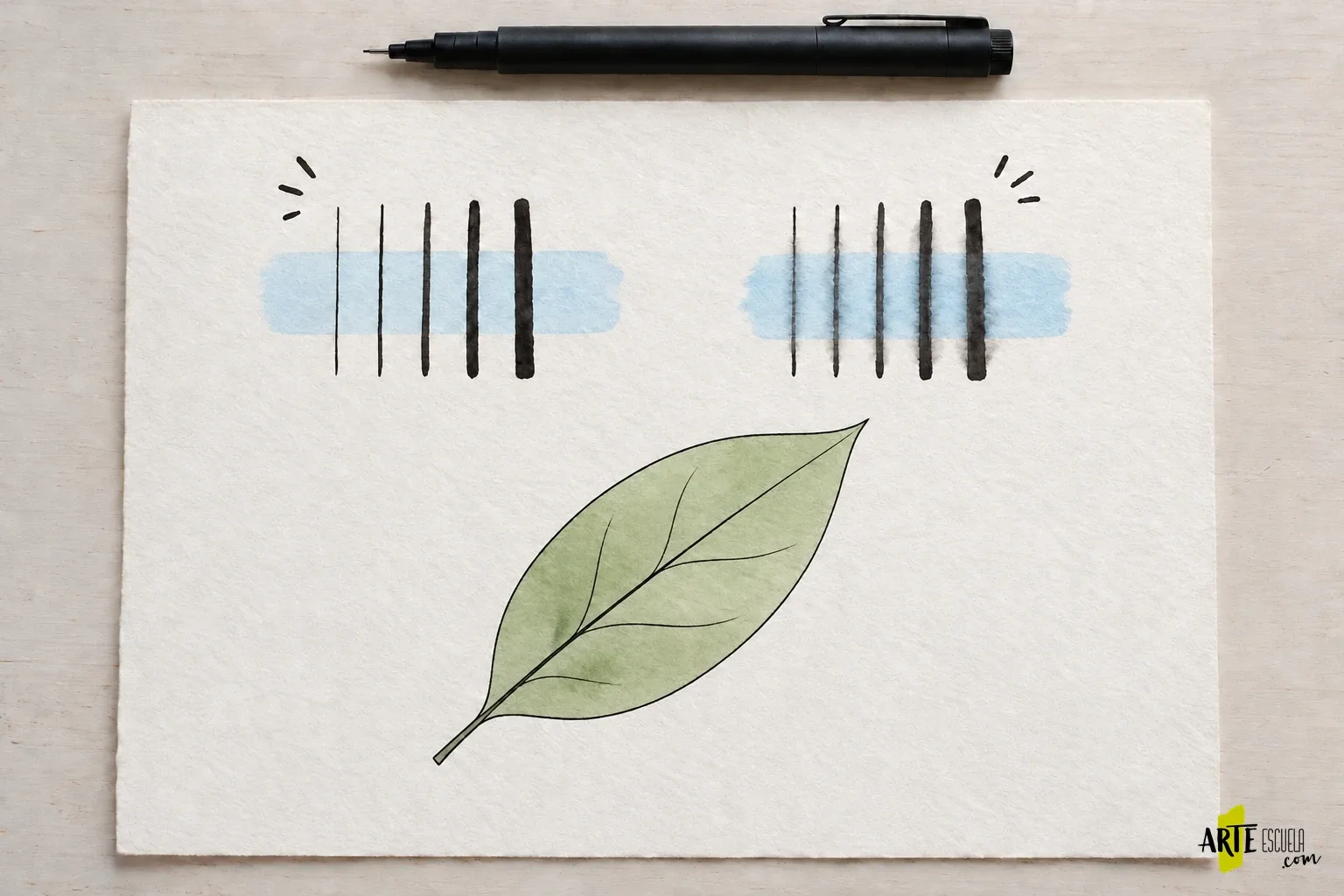 Tinta y acuarela: cómo comprobar si un trazo resistirá el agua antes de pintar encima Una hoja pequeña entintada y coloreada en verde comprueba la combinación elegida después de las líneas de prueba