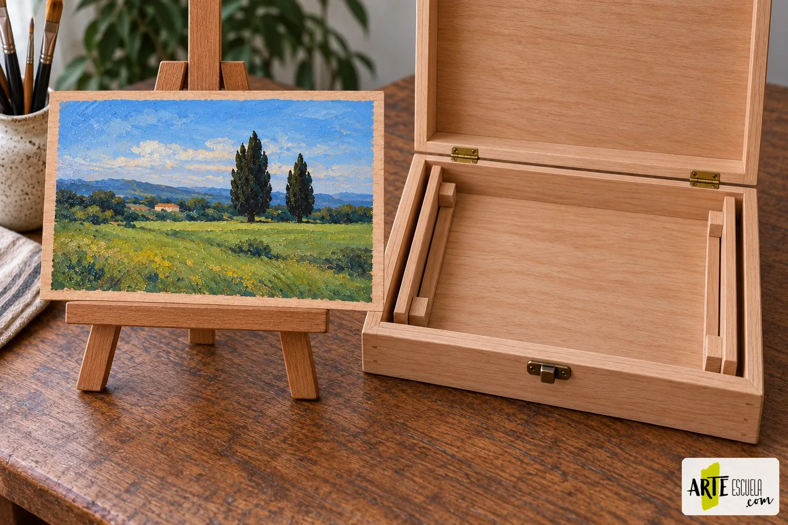 Cómo transportar un cuadro al óleo todavía húmedo después de una clase Panel pintado al óleo junto a un transportador abierto con apoyos para los bordes