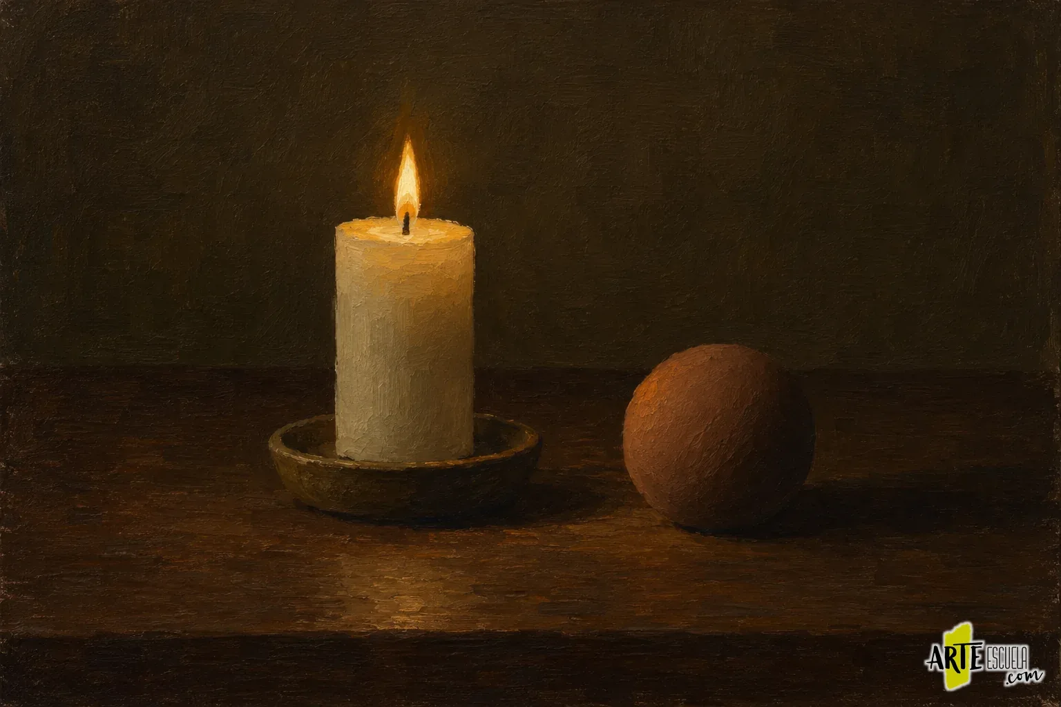Cómo pintar una vela encendida al óleo: llama, cera y luz reflejada Bodegón al óleo de vela, plato y esfera con el primer reparto de luces cálidas y sombras