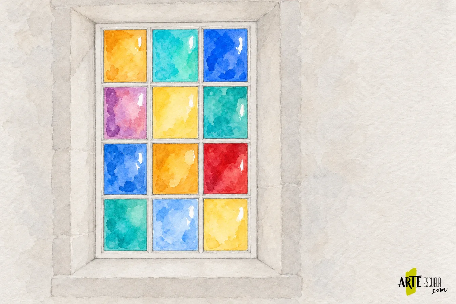 Cómo pintar una vidriera en acuarela: luz de color y reservas precisas Paños de colores transparentes de una vidriera antes de oscurecer el marco
