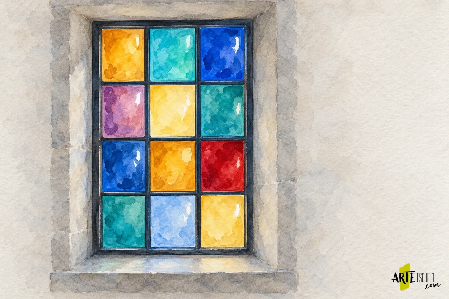 Cómo pintar una vidriera en acuarela: luz de color y reservas precisas Vidriera en acuarela terminada con cristales luminosos, estructura oscura y hueco de piedra