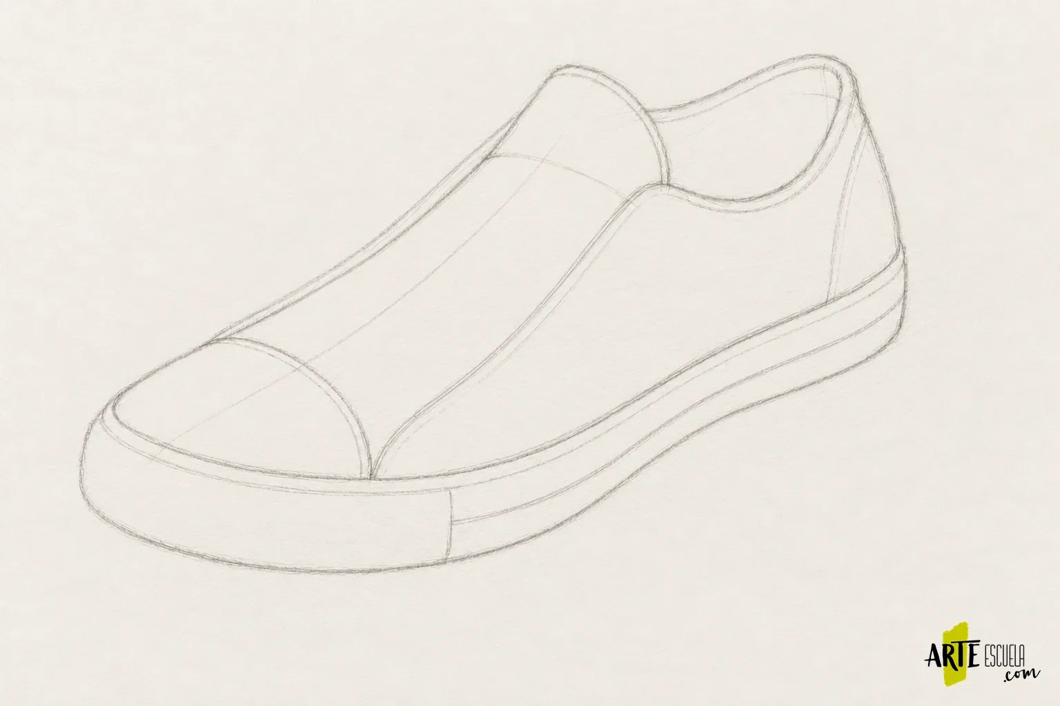 Dibujo de una zapatilla del natural: curvas, costuras y perspectiva Encaje de una zapatilla de tres cuartos con suela, puntera y abertura del tobillo