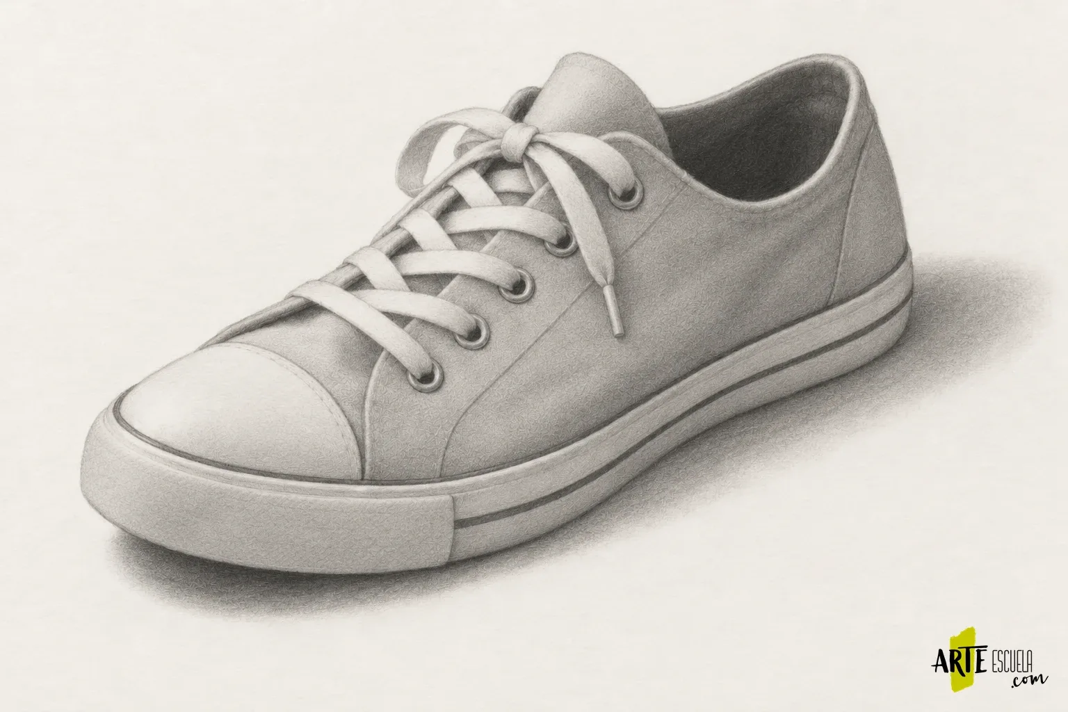 Dibujo de una zapatilla del natural: curvas, costuras y perspectiva Zapatilla a grafito con volúmenes sombreados y recorrido general de los cordones