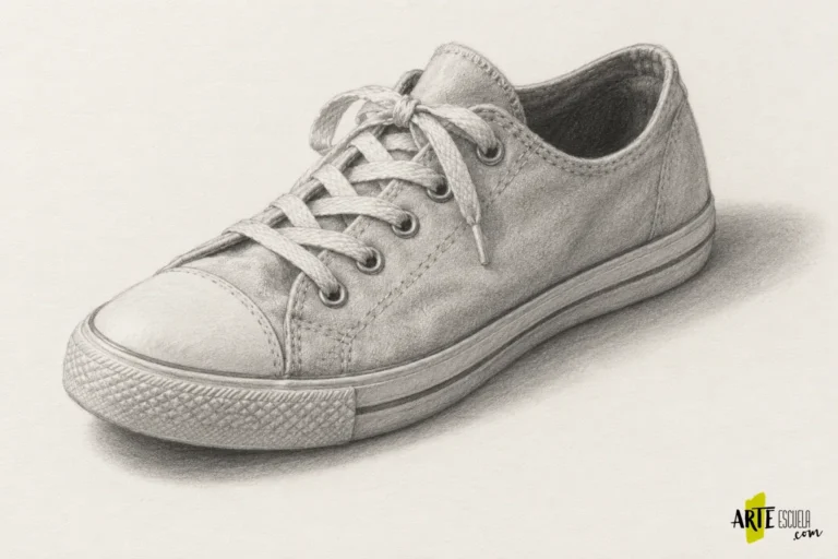 Dibujo terminado de una zapatilla con costuras y cordones adaptados a su perspectiva